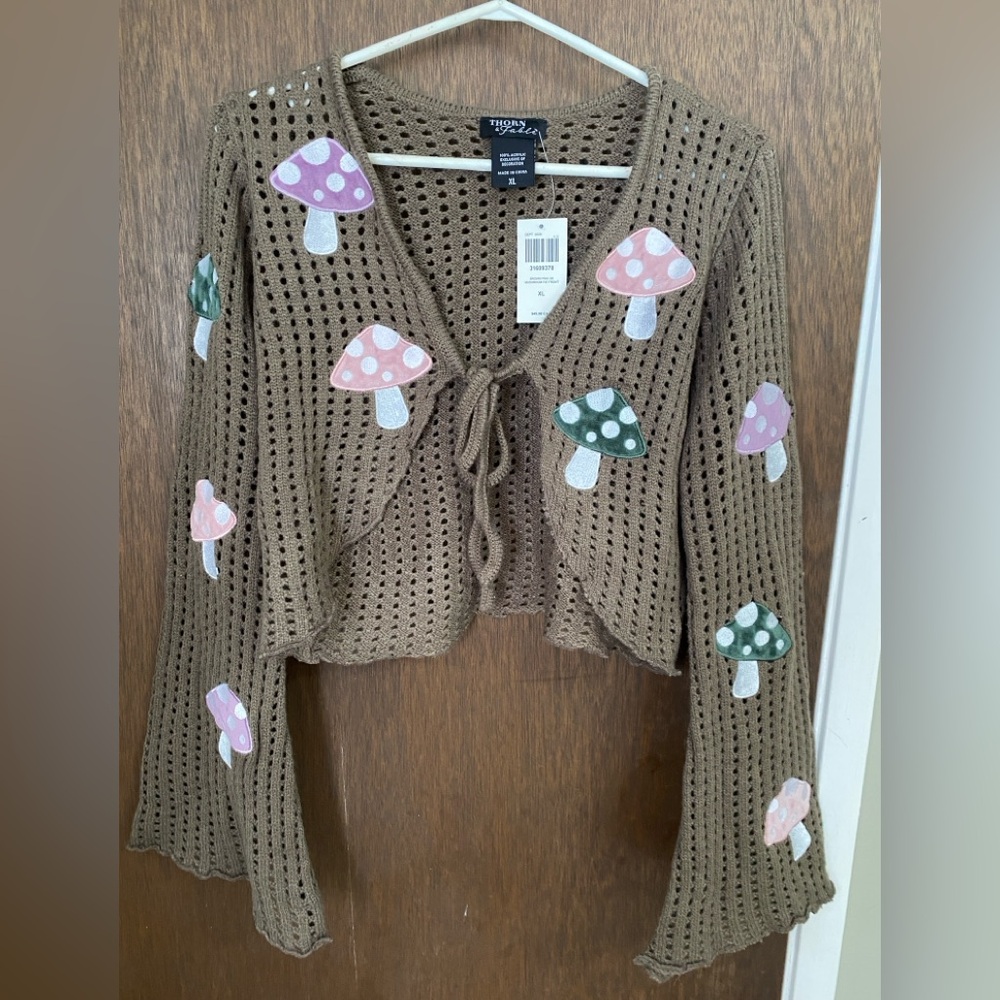 Thorn & Fable Knit Brown and Pink Cardigan with Mushroom Embellishments